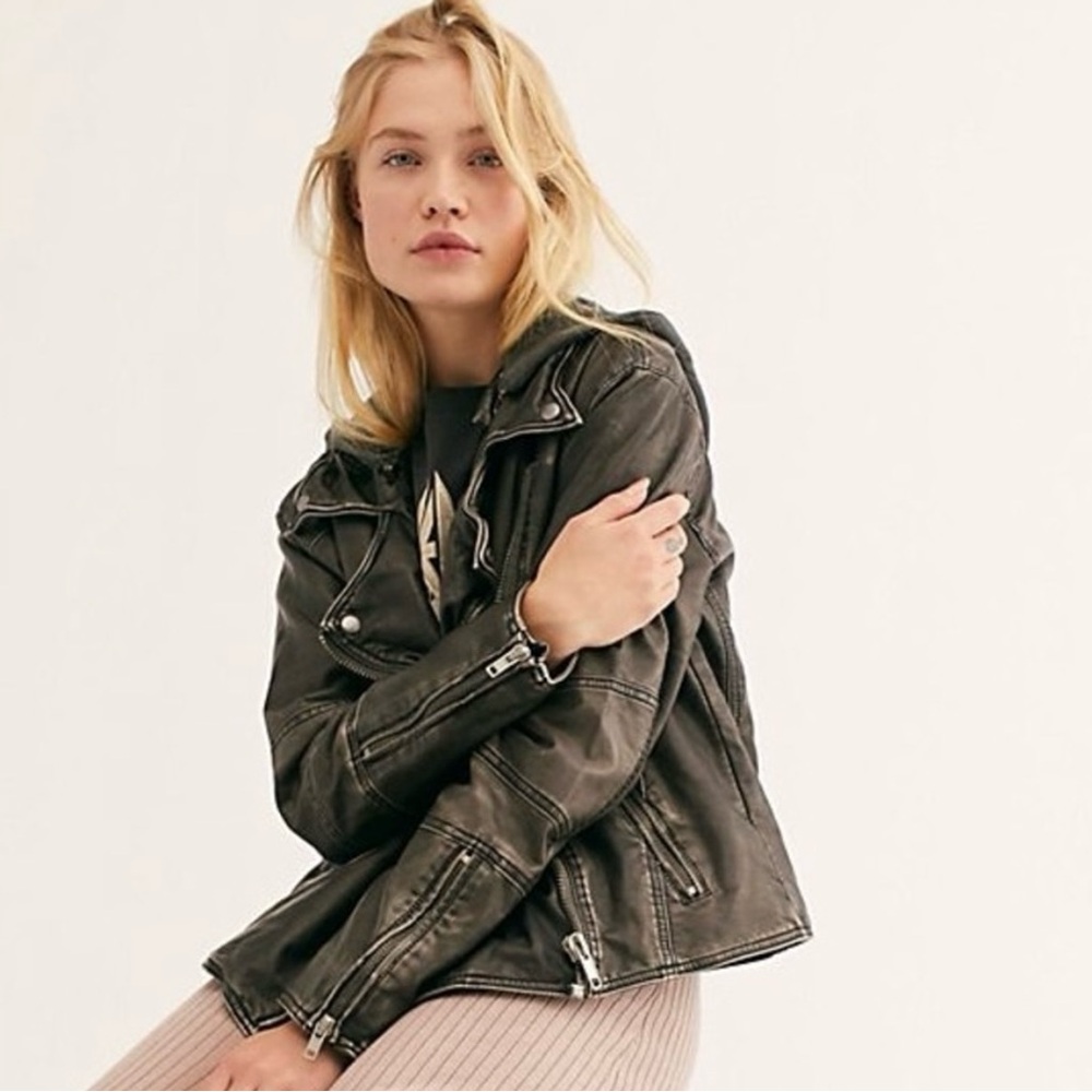 NWT free people faux black leather distressed jacket with detachable hood XS